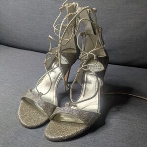 Stuart Weitzman Metallic Silver Crystal Lace-Up Heels Size 6